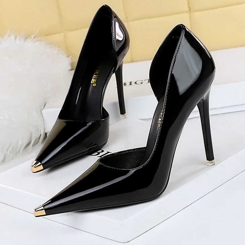 Patent Leather Shoes Women Pumps Metal Tip High Heels Cm And