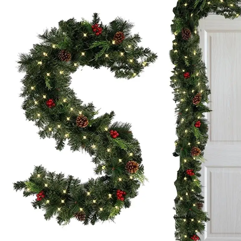1.8M DIY Christmas Garland Outdoor Artificial Pine Garland Thick Battery Powered 2 Lighting Modes Christmas Red Berry Garland 1
