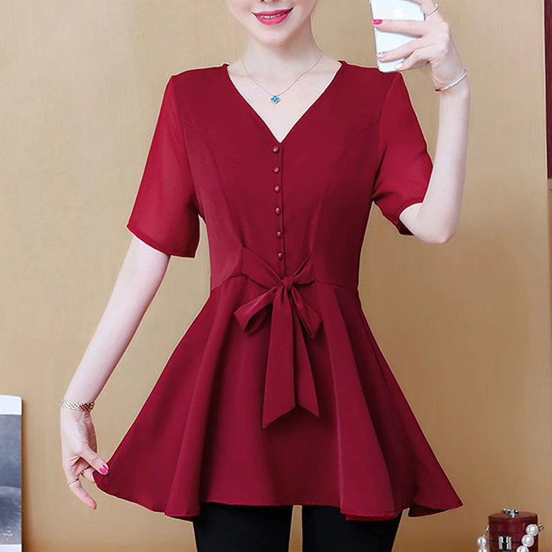 여성용 레이스 업 활 우아한 블라우스, 오피스 레이디 캐주얼 반팔 셔츠, 러플 브이넥 솔리드 슬림 탑, 한국 패션, 2024 여름