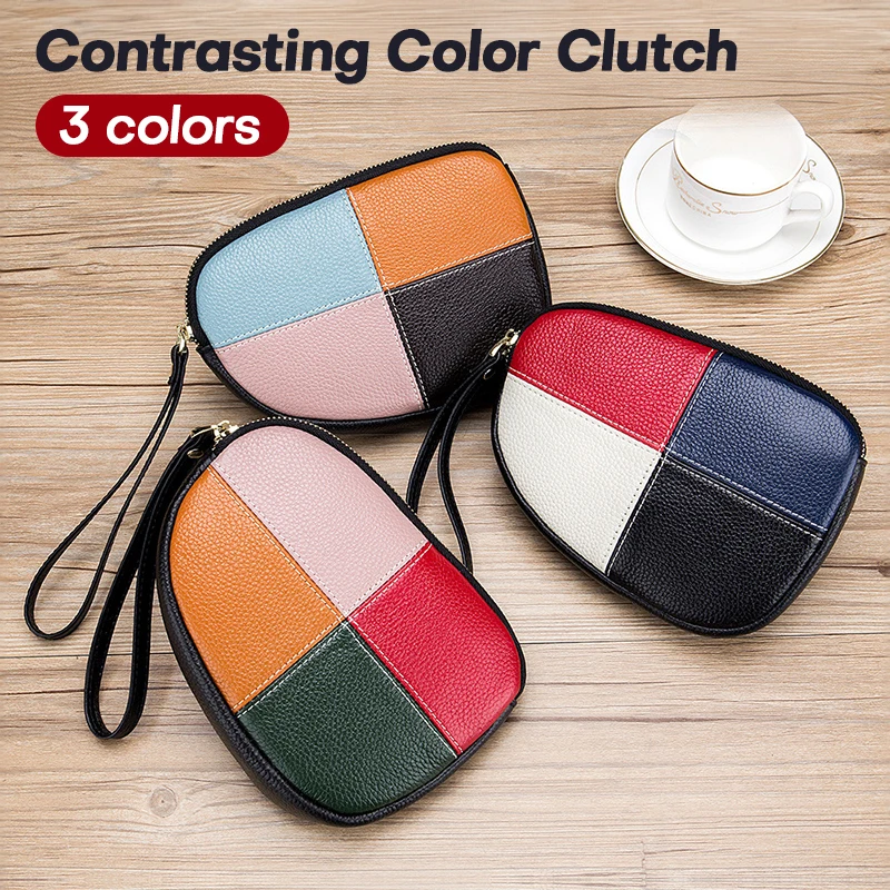 

Womens Leather Clutch Collar Bag Zipper Contrast Color Cowhide Phone Clutch Wallet Women's Soft Personalized Handbag