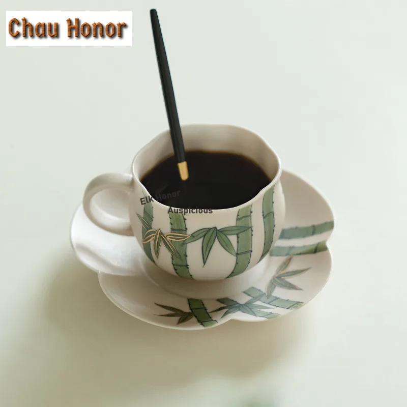 130ml Hand-painted Bamboo Forest Petal Coffee Mug With Plate Beer Cup Afternoon Tea Mug Cup Saucer Kit Drinkware Decoration Gift