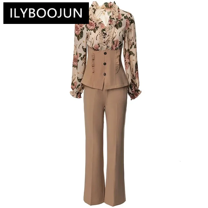 

ILYBOOJUN Fashion Summer Suit Women's V-Neck Lantern sleeve Floral Print Top+Elastic Waist Flared Pants Office Lady 2-Piece Set