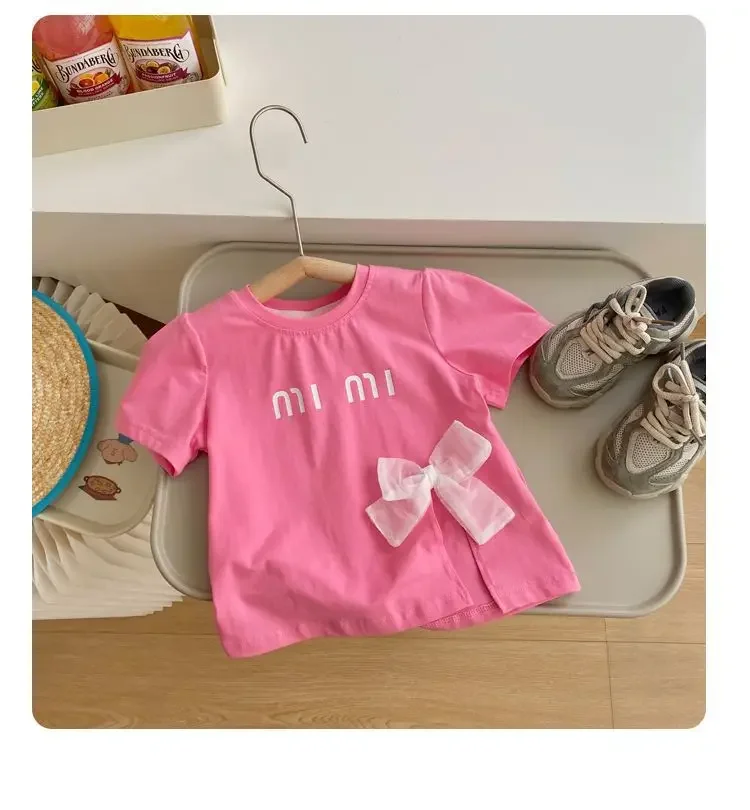 تي شيرت قطني بأكمام قصيرة للفتيات ، مع قوس ، فتحة...