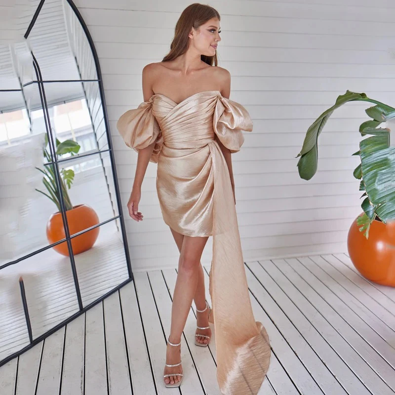 

2023 Sexy Champagne Evening Dresses Lantern Sleeve Sweetheart Prom Party Dress Mini Night Mermaid Cocktail Gownsفساتين الح