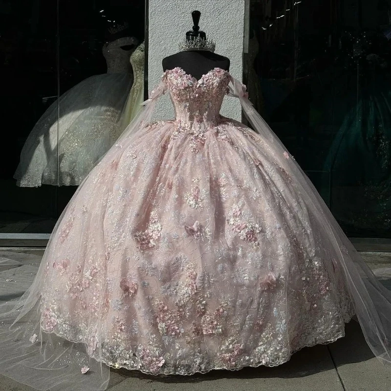 

Pink Quinceanera Dress 2024 Off The Shoulder Beading Appliques Lace Tull Sparkling Ball Gown Birthday Formal Party Gown Robes De