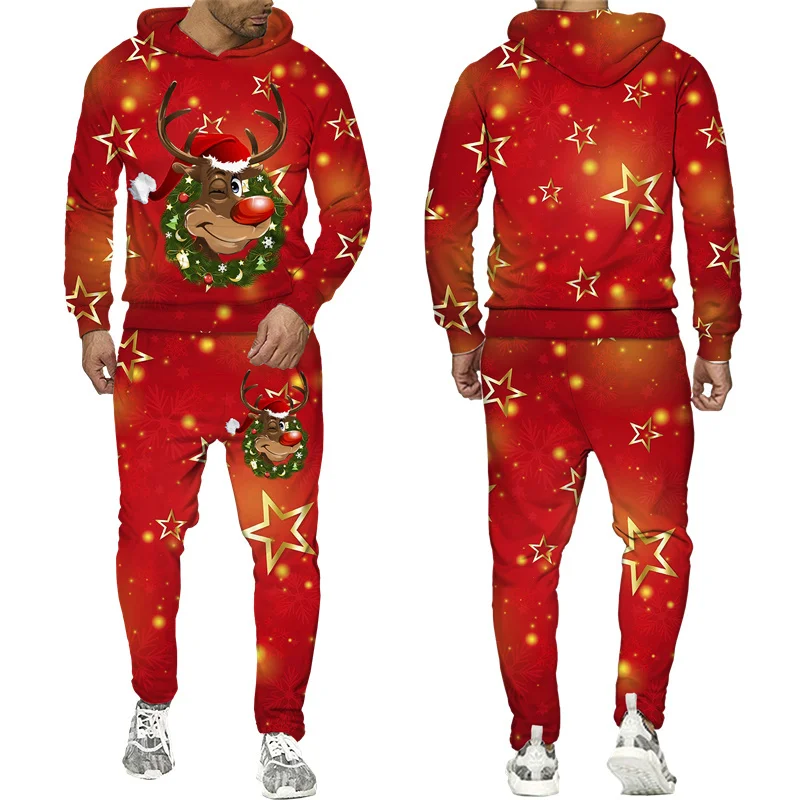

New 3D Printing Couple Outfits Christmas Party Fashion Men Women Tracksuits Crewneck Hoodies+pants Plus Size S-7XLHarajuku