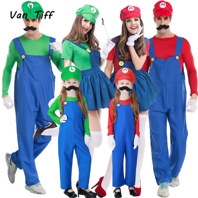 

Anime Super Brothers cospaly costume Hats Luigi Plumber Cosplay Women Girls Halloween Party Fancy Dress Parent-child Adult Kids