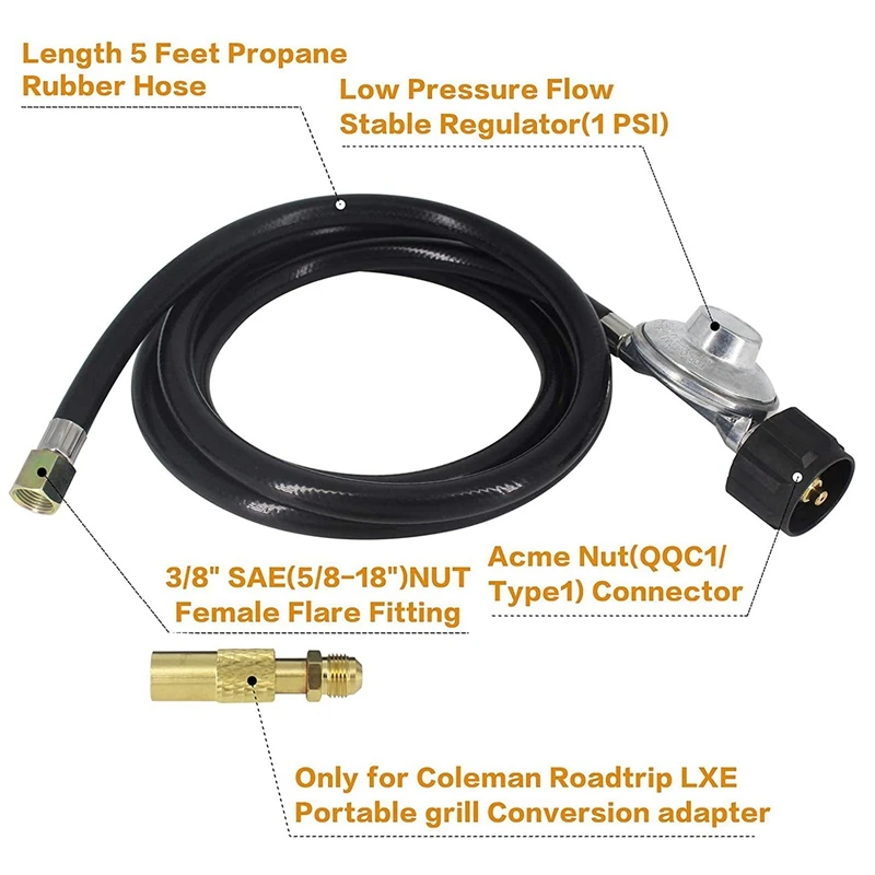 Propane Adapter Hose And Regulator Replacement Kit Coleman Roadtrip Grills QCC1 Low-Pressure Propane Adapter 5Ft