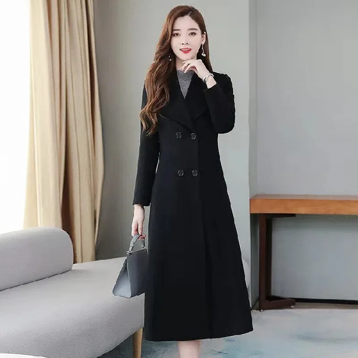 High Quality Winter Cashmere Long Coat Vintage 2022 Autumn Plus Size Warm Thicken Woolen Coat Black Jacket Women Party Outwears