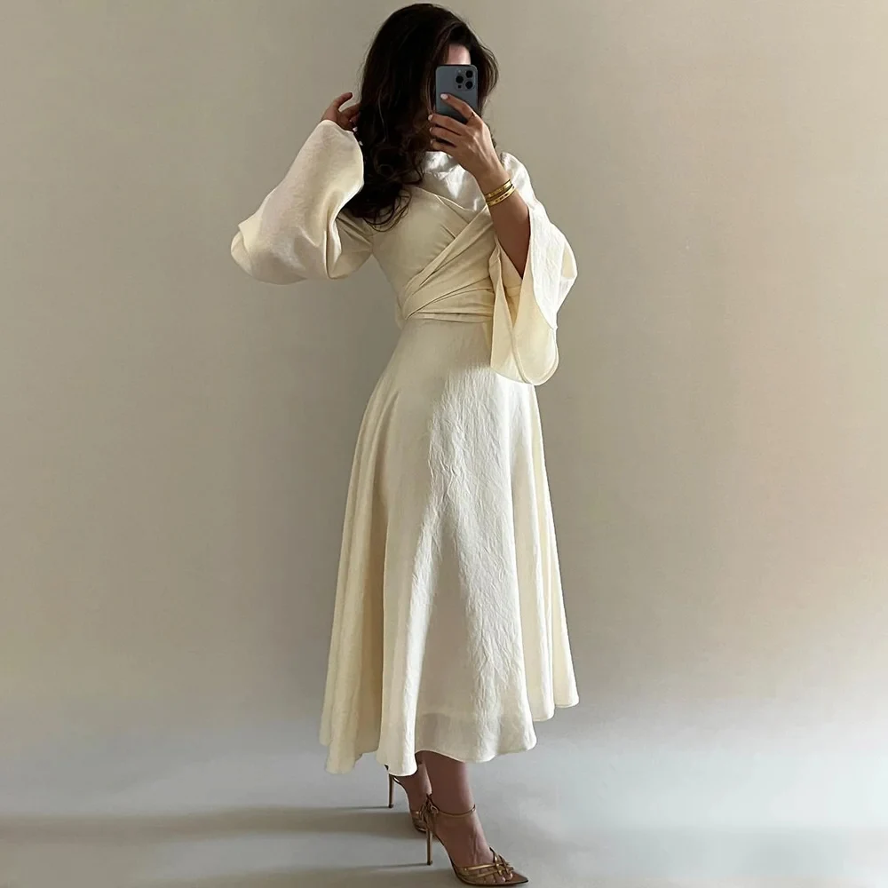 

Women 2024 Long Sleeves Chiffon O Neck Criss Cross Dress For Women O Neck A Line Long Evening Gowns Pleat Lace Up Party Dresses