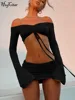 Hugcitar Women Matching 2 Piece Set Long Sleeve Drawstring Ruched Crop Top Mini Skirt Suit Co Ords Outfits Bodycon Sexy Party 5