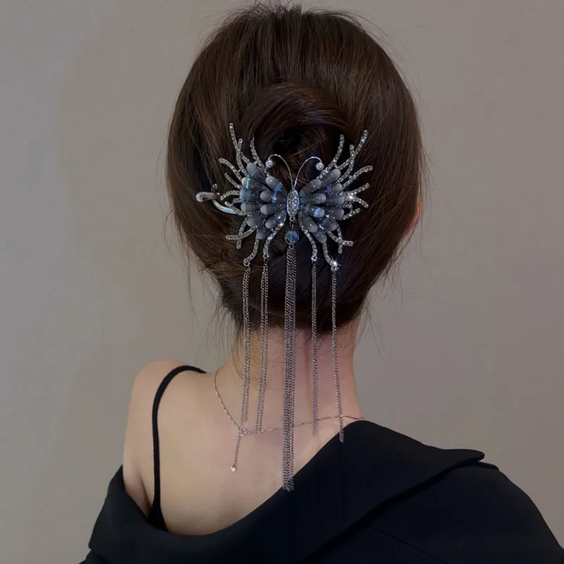 Luxury Vintage Rhinestone Butterfly Metal Chain Tassel Hair Clips Dark Style Ponytail Hairpins Twist Clip Women Hair Accessories