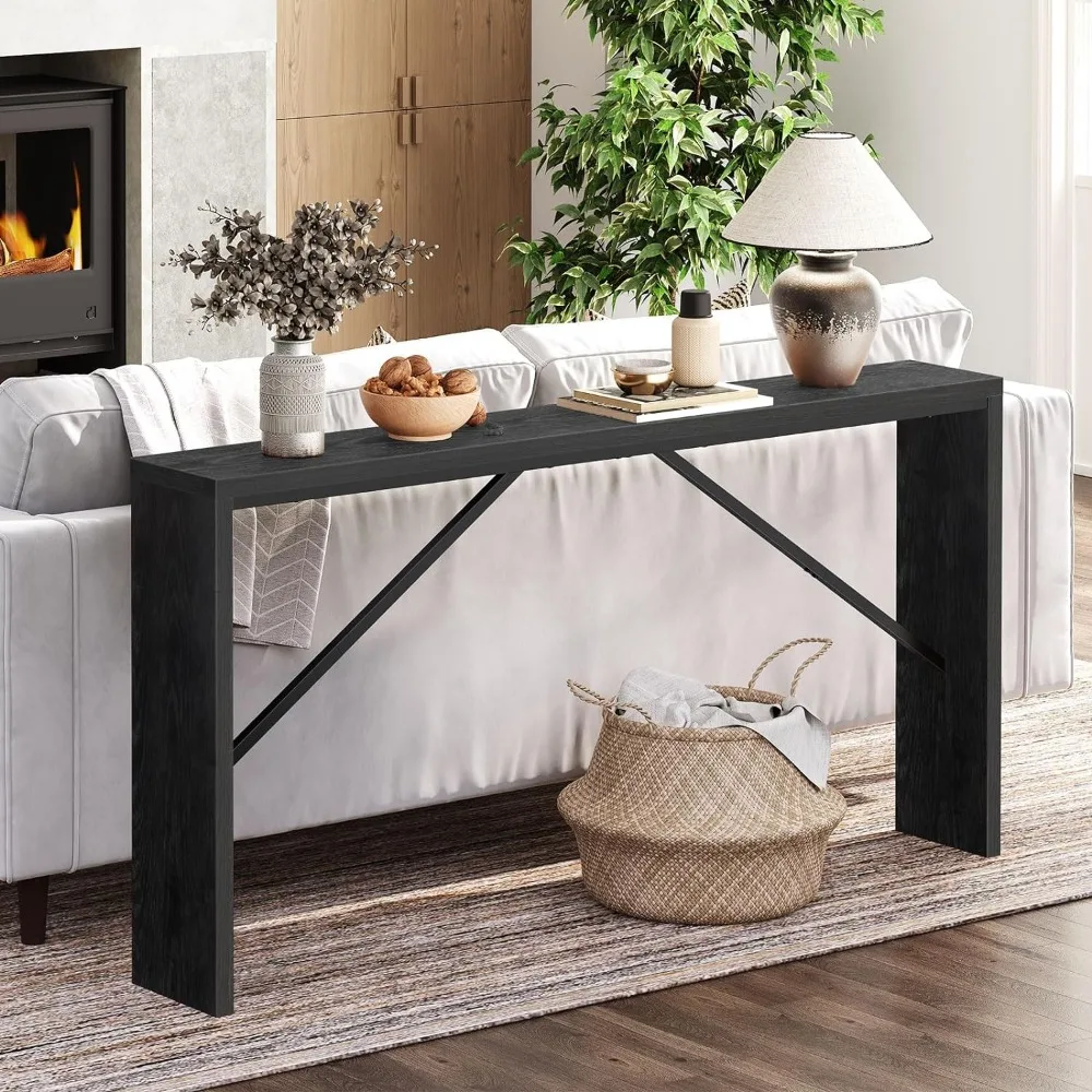 62.2" Long Sofa Table Behind Couch, Narrow Entryway Table, Farmhouse Dining Tables with Angled Metal Frame