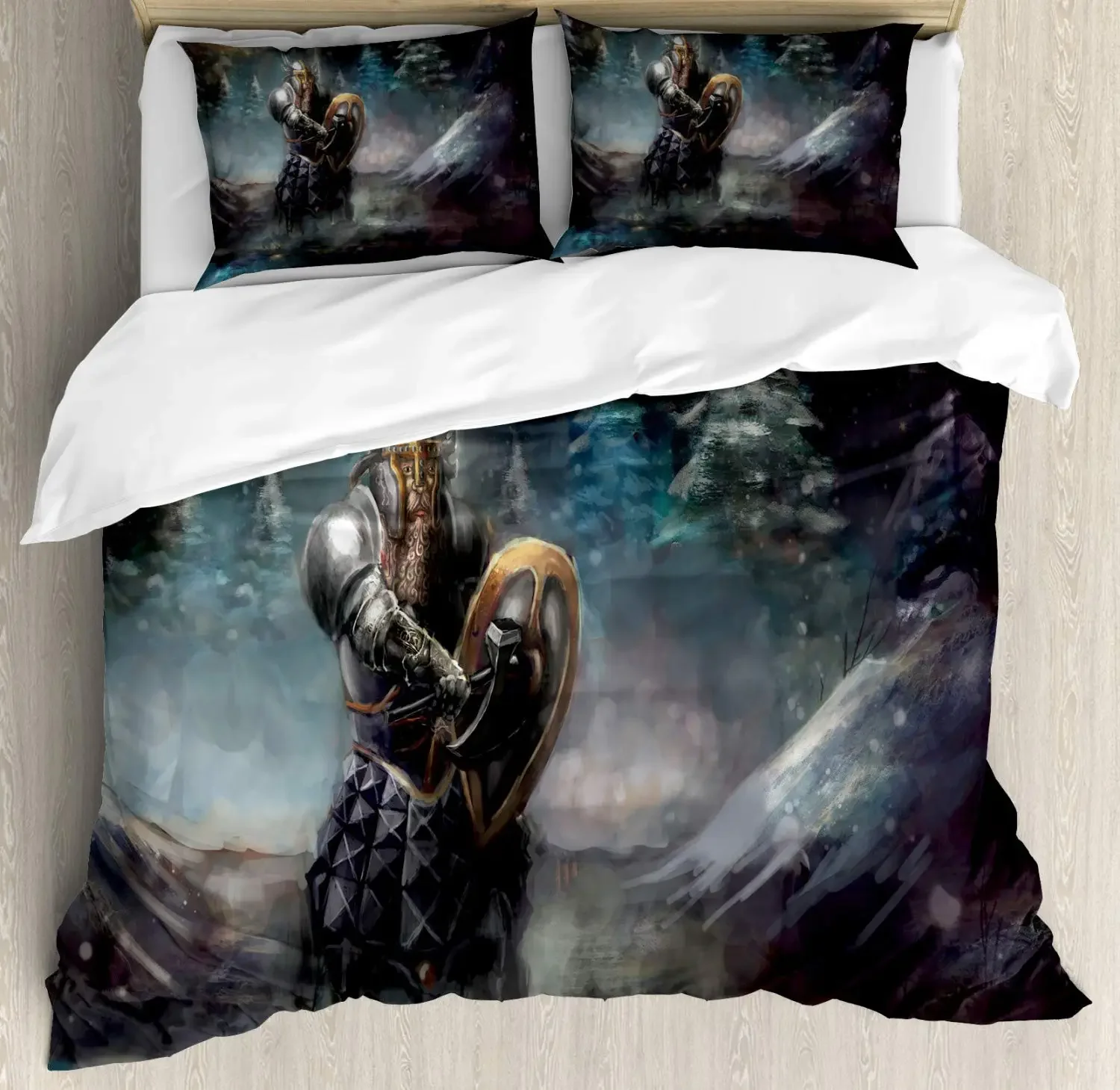 Medieval Duvet Cover Set, Medieval Knight Holding an Aged Old Shield Historical Theme Digital Print bedding set