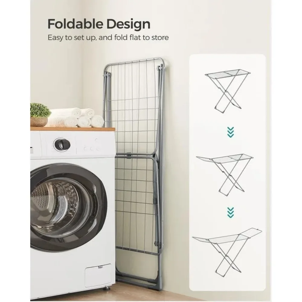 Clothes Drying Rack, Metal Laundry Drying Rack, Foldable, Space-Saving, Free-Standing Airer, with Gullwings, Indoor Outdoor Use 4