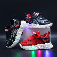 Disney LED Casual Sneakers Red Black For Spring Boys Spiderman Mesh Outdoor Shoes Children Lighted Non-slip Shoes Size 21-30