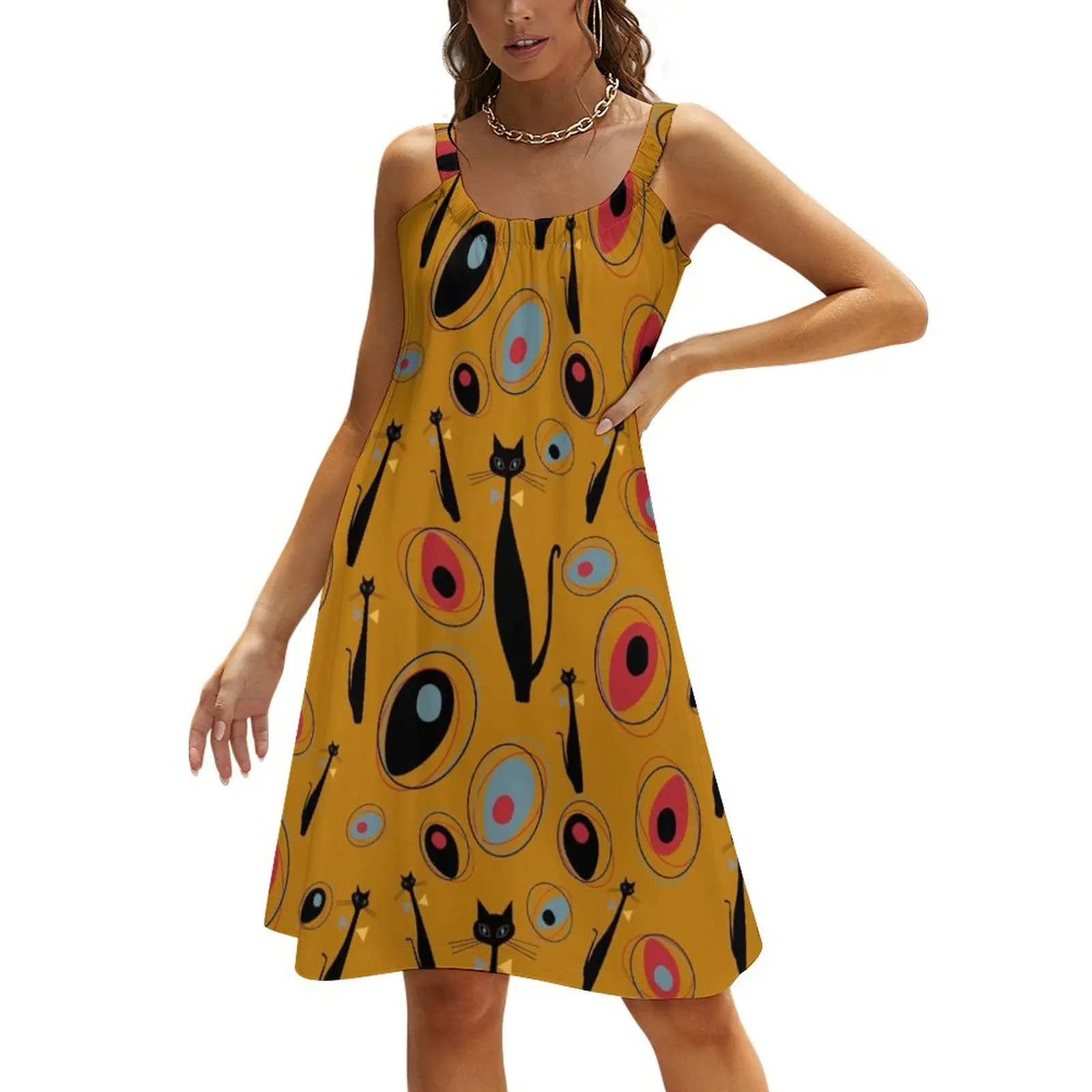 

Mid-Century Modern Art Atomic Cats 1.2 Half-Drop Pattern Beach Sling Skirt Woman dresses Dress woman Elegant gown