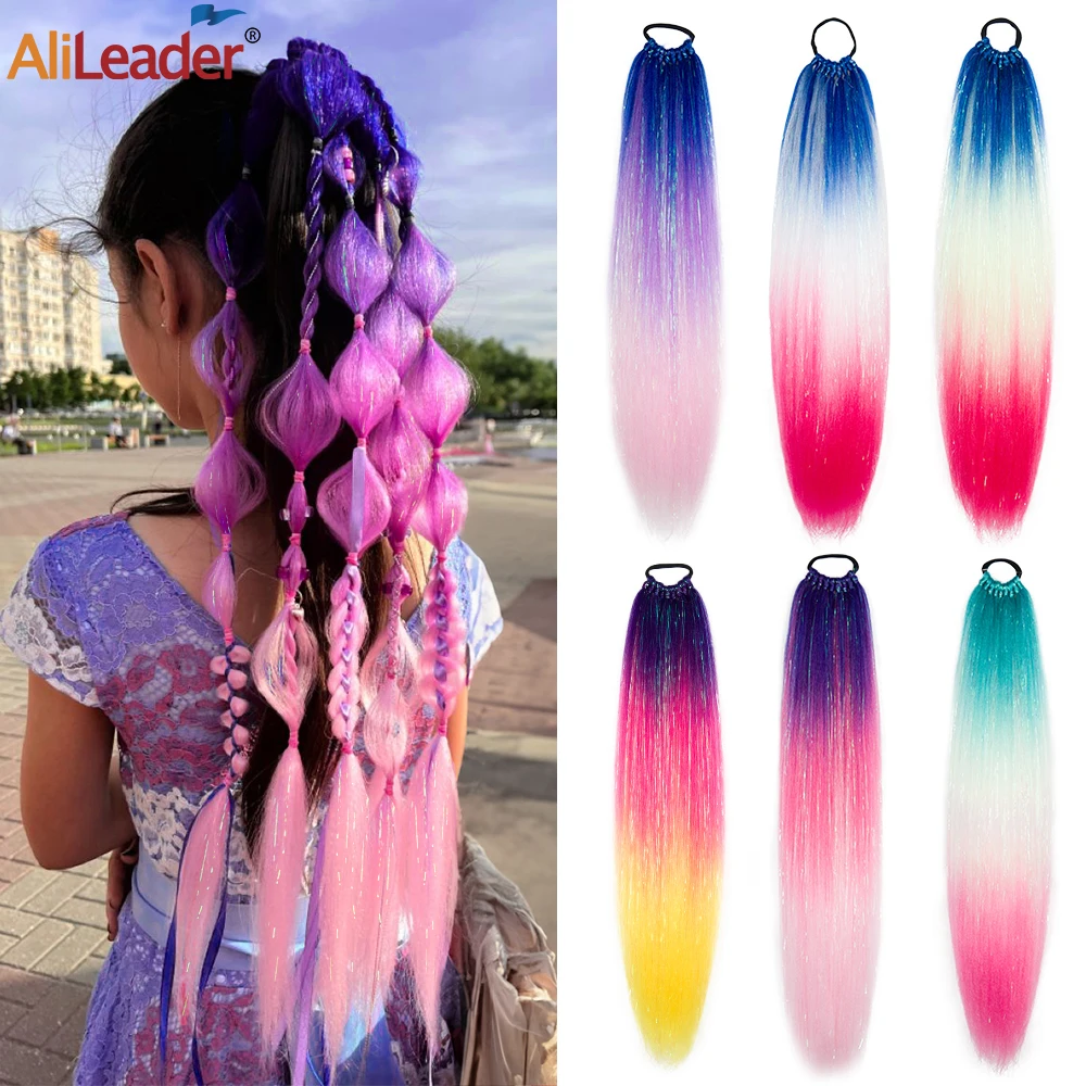 Alileader Synthetic Diy Hair Braids Ponytail With Rubber Bands 24 Inch Rainbow Glitter Tinsel Mixed Ponytail For Women Girls Kid