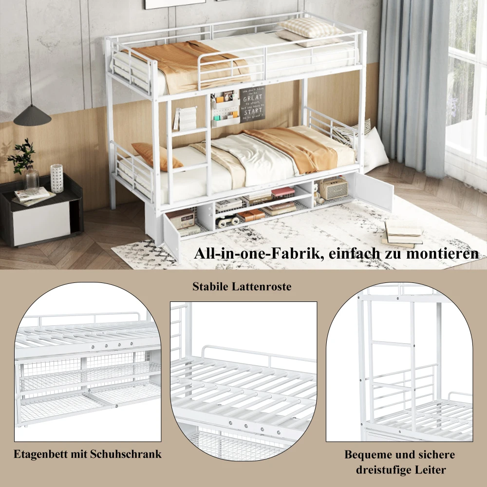 90 x 200 cm großes Bett mit Eisenrahmen, Schuhschrank, kleiner Aufbewahrungsschrank mit Doppeltür, Kinder-Etagenbett mit Seitenleiter und Fallschirmgitter – Detail 34