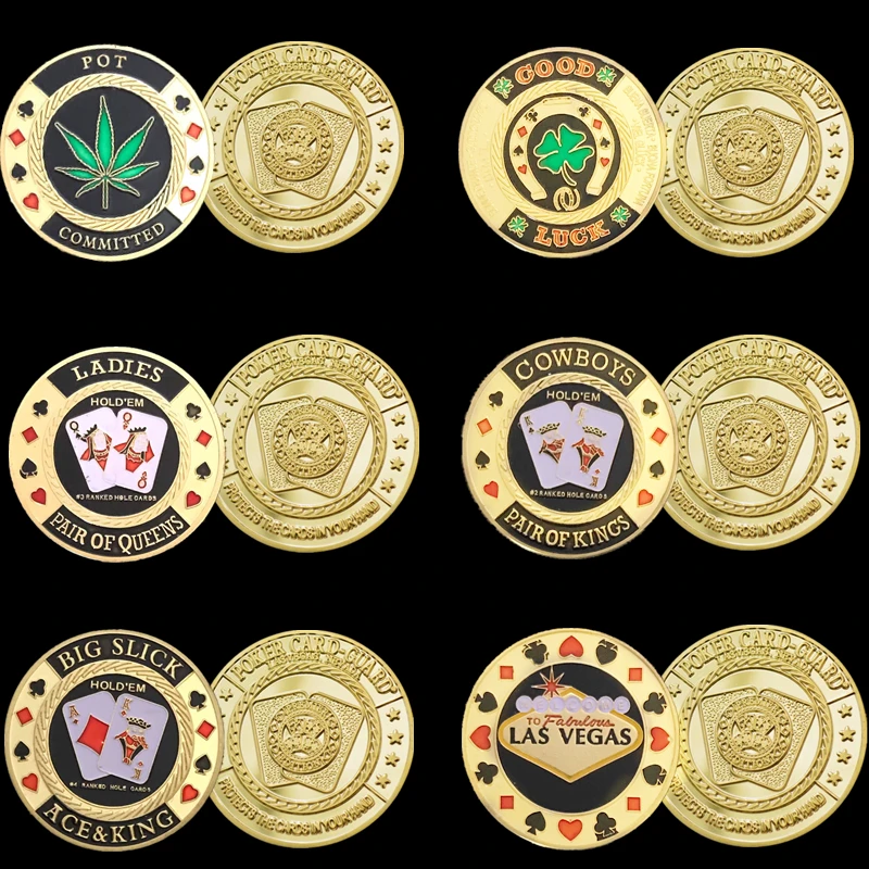 

6 Coins Good Luck Challenge Coin Fashion Poker Card Guard Chips Token Coin Collections With Coin Capsule Golden Plated Coin Set