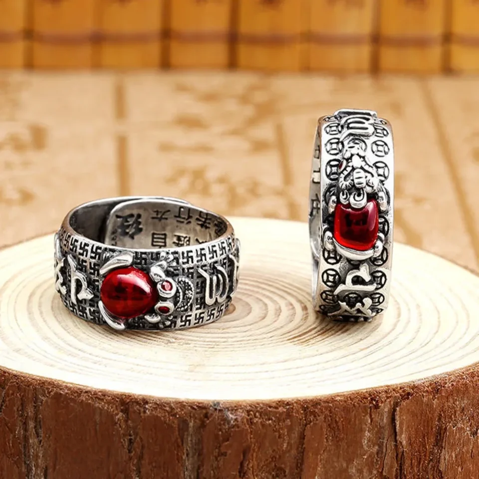 JUNTEN Feng Shui PiXiu Ring - 925 Sterling Silver Adjustable Open Ring For Good Luck & Wealth, Men & Women