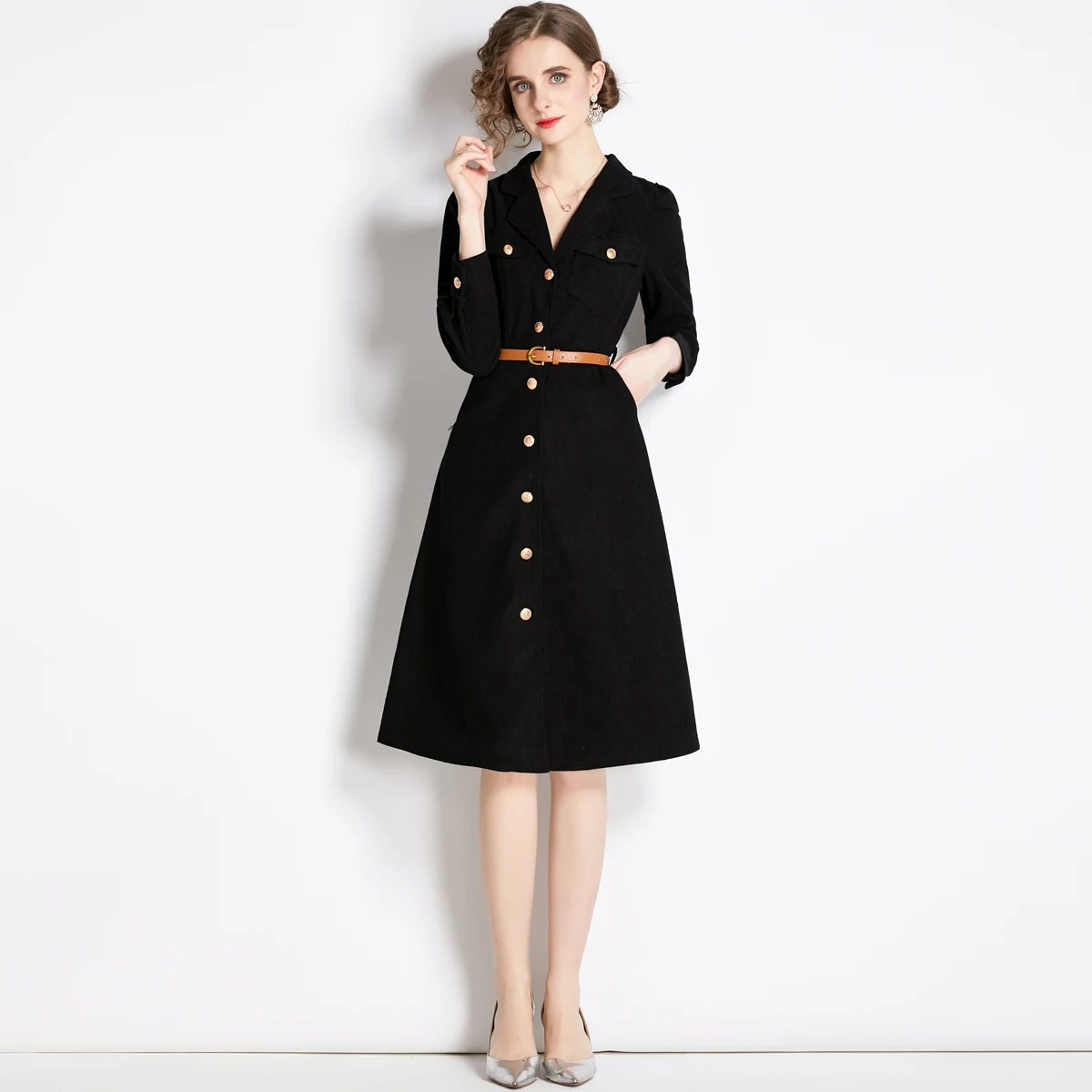 

Autumn and winter retro corduroy dress Women's V-neck metal button single-breasted dress