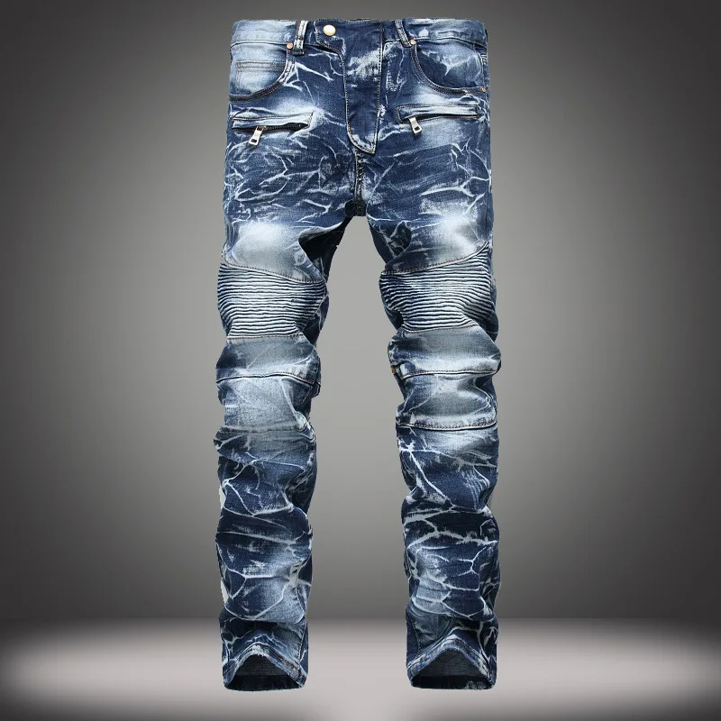 Zipper Pocket Retro Nostalgic Jeans Men's New Style High Street Motorcycle Fashion Stretch Slim Straight Denim Trousers Male 5