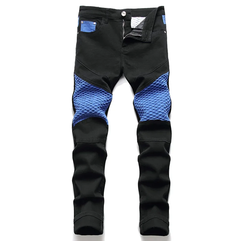 New Men'S Biker Jeans Men Straight Slim Casual Denim Pants Motorcycle Pleated Stitching Black Streetwear Trousers Jean Homme
