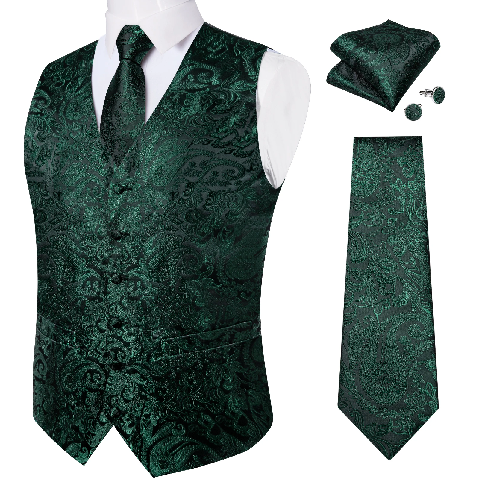 Dress Vests Men's Paisley Business Vest Wedding Waistcoat Necktie Pocket Square Cufflinks