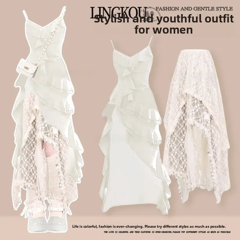 Summer n Vintage Women's Lace Uneven Hem Dr Set Gentle Two-Piece Set Ins Sle Midi Skirt with Strapl Top