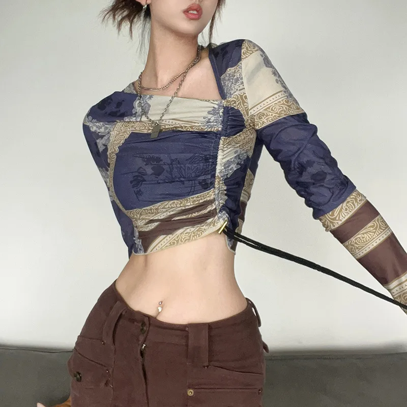

Retro Patchwork Art Old Fashion Trendy Street Personality Travel All-Match Tight Sexy Small Women'S Irregular Short Top HMS89