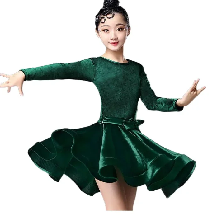 

1pcs/lot Girls Long Sleeve Latin Dance Dress Velvet Ballroom Competition Stage Performance winter dancing dress