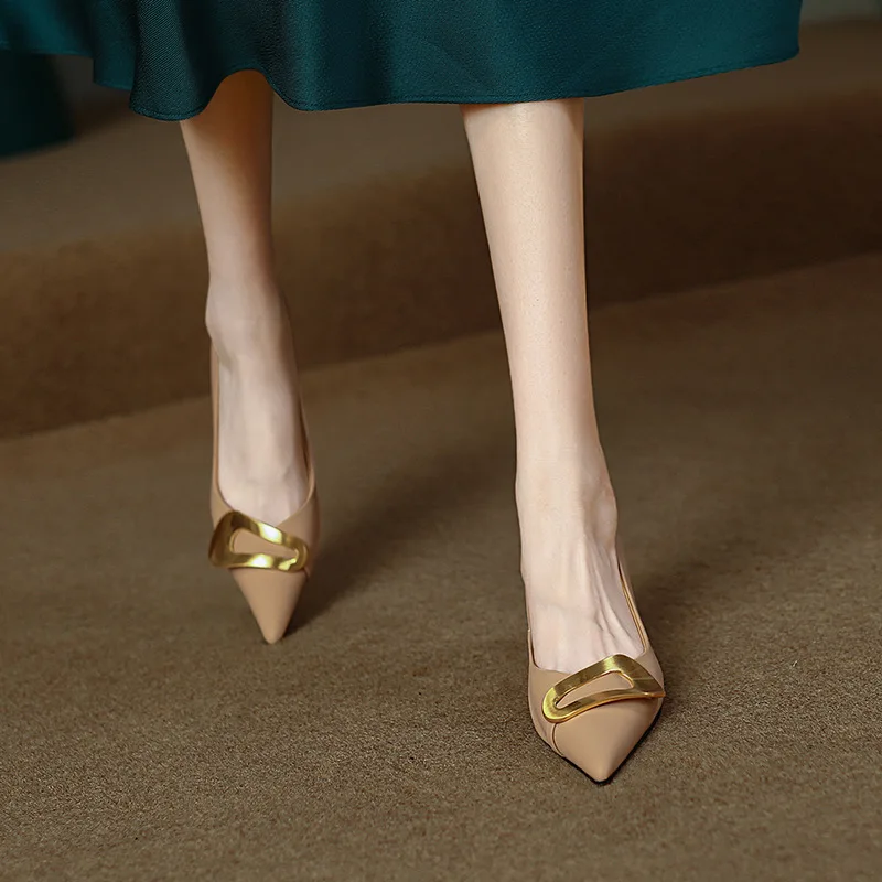 French Pointed Ladies High Heels Romantic Retro Concise Spring Women's Stiletto Metal Buckle Commute Female Single Shoes