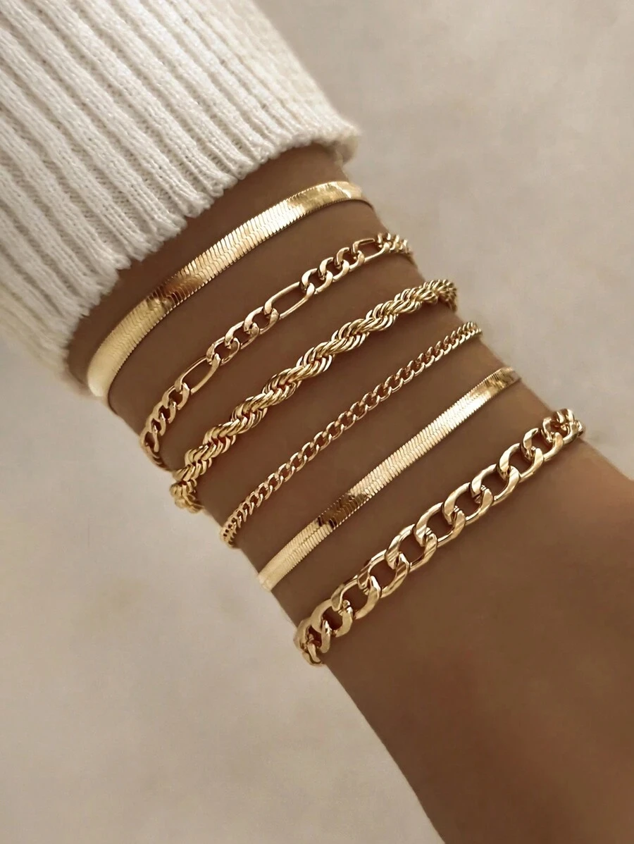 6 Piece Set Gold Color Luxury Bracelets for Women Zircon Shiny Simple Unisex Charm Chain Bracelet Punk Bangle Fashion Jewelry - 2