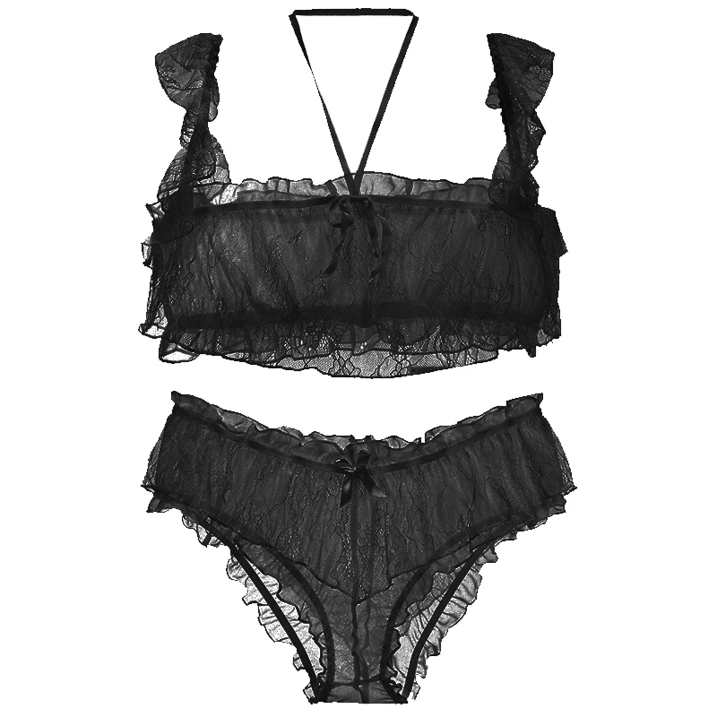 Sexy Princess Sleepwear for Women Sheer Home Clothes Ultra-thin Lace Lingerie Pyjamas Women 2 Piece Black Night Wear Pajama Sets