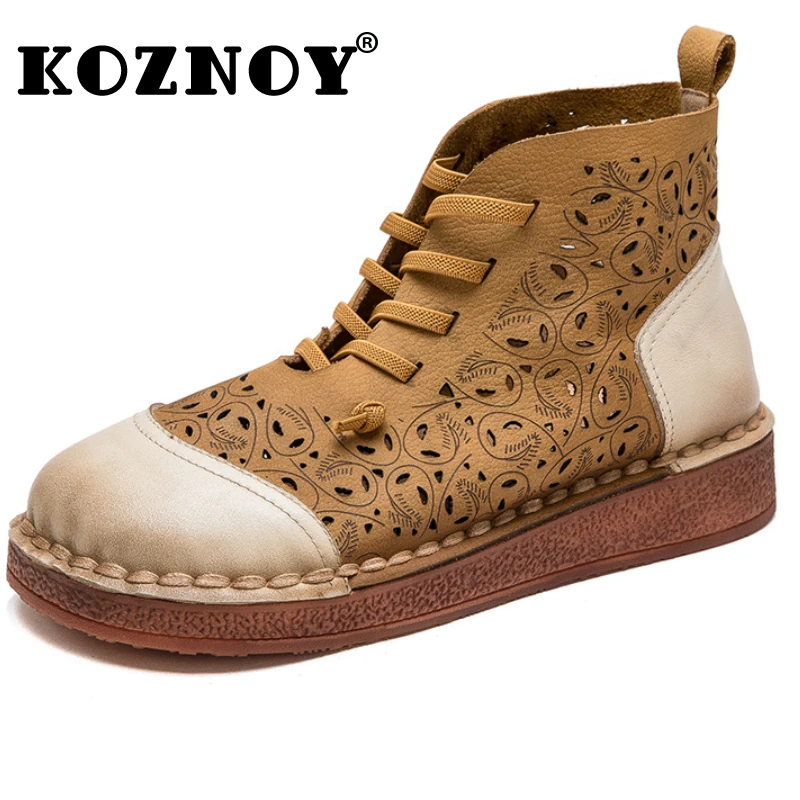 

Koznoy 3cm Women Boots Genuine Leather ROME Summer Platform Wedge Fashion Ankle Booties Hollow Breathable Comfy Sandals Shoes