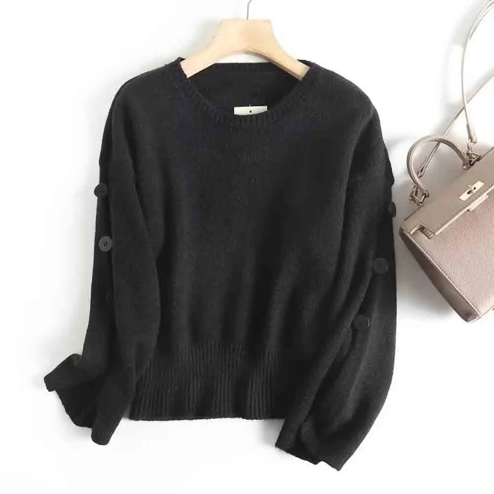 

Women 2023 New Fashion Summer Cutout Detail Button Trim Knit Retro O-Neck Long Sleeve Casual Chic Female Pullovers Tops