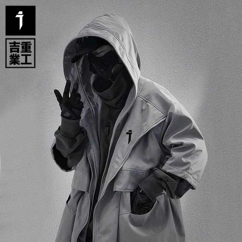 Irregular Design Tactical Function Trench Coat Mens Clothing Y2K Techwear High Street Mid-length Techwear Outerwear