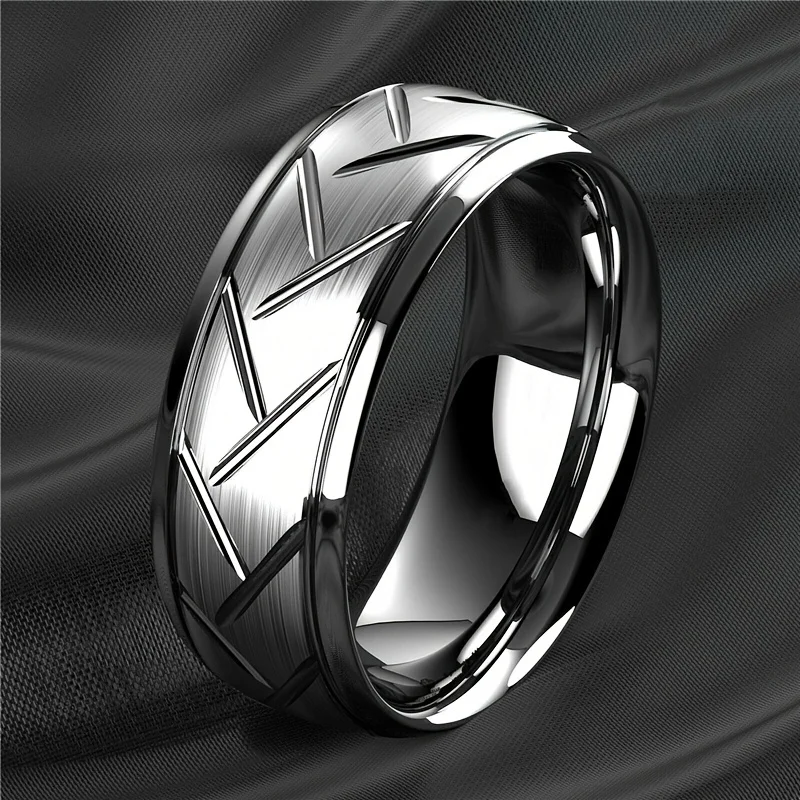 Elegant Black Stainless Steel Ring with Tire Groove Design – Men's Stylish Accessory and Unique Gift