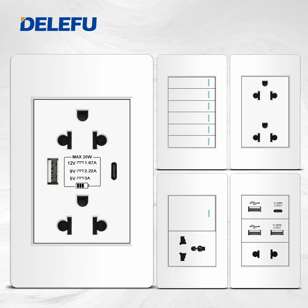 

Настенная розетка Delefu/Таиланд/стандарт ЕС 118x74 мм, белая ПК Панель USB C зарядная розетка, 15 А настенная стандартная розетка, 5