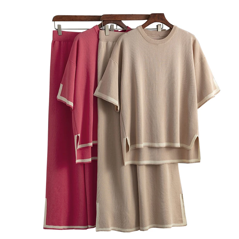 

New Fashion Suit Temperament Contrasting Color Slit Short-Sleeved Sweater + High Waist Slim Wide-Leg Pants Trousers 2-Piece Set
