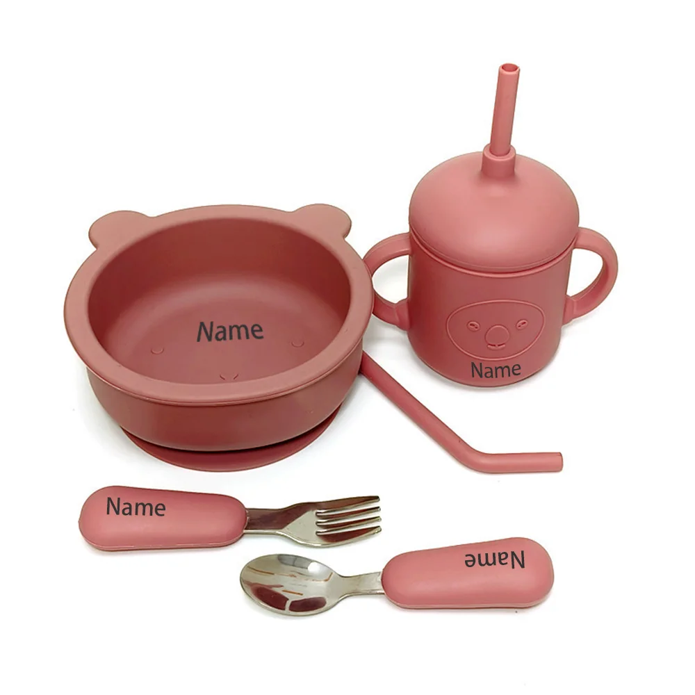 5-Piece Children's Tableware Set with Free Name Printing on Kids' Bowl. Personalized silicone tableware—a unique gift for babies