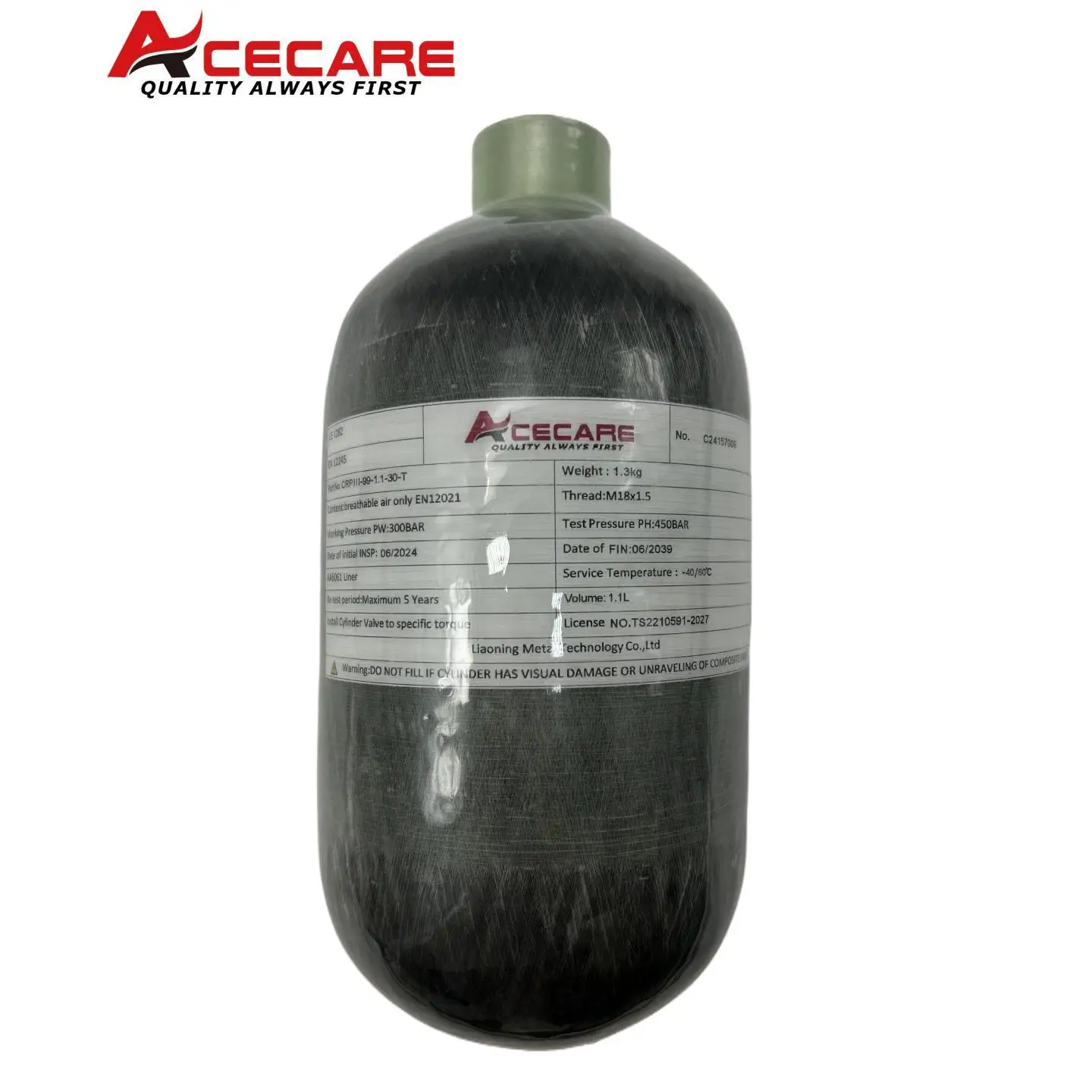 ACECARE 4500PSI 300BAR 30MPA 1.1L Carbon Fiber Cylinder CE Scuba Diving Cylinder HPA Bottle High Pressure Tank M18*1.5 scuba diving equipment high pressure valves