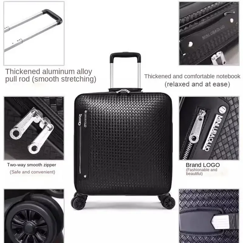 Genuine Leather Trolley Case 20 Inch Men's Business Boarding Suitcase Universal Wheel Luggage Bag 16 Inch Woven Pattern Leather