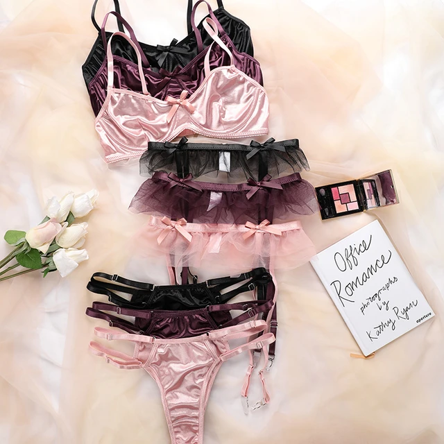 Satin Bow Lace Triangle Bralette And Panty Set