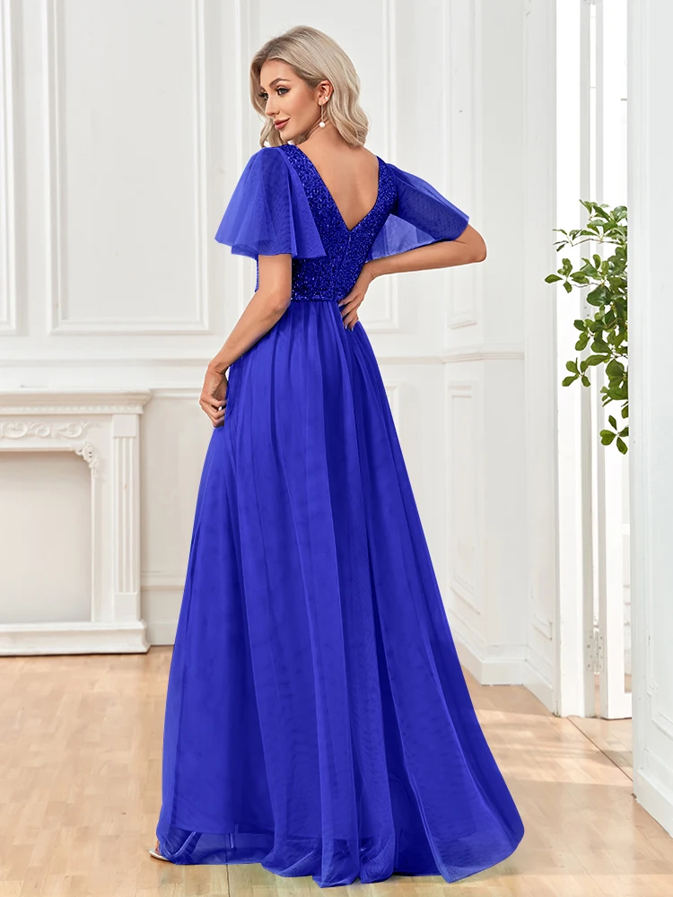 XUIBOL 2024 Women Elegant Blue Sequin Formal Evening Dress Mesh Leaf Maxi Prom Dress Sparkle V-Neck Short Sleeve Long Dress