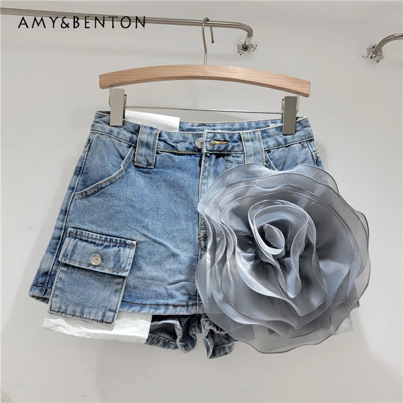 Fashion Design High Waisted Denim Floral Y2k Mini Skirt For Women's 2024 Summer New Washed Retro A-line Hip Wrap Short Skirts