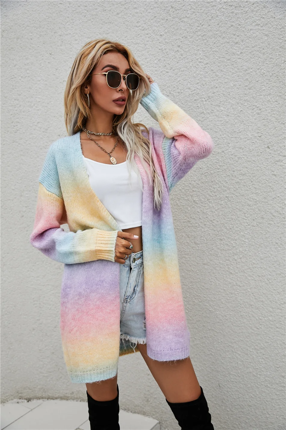 2024 New Winter European American Sweaters Rainbow Tie-dye Mid-length Oversized Cardigan Women Knitwear Jacket Long Sleeved Tops