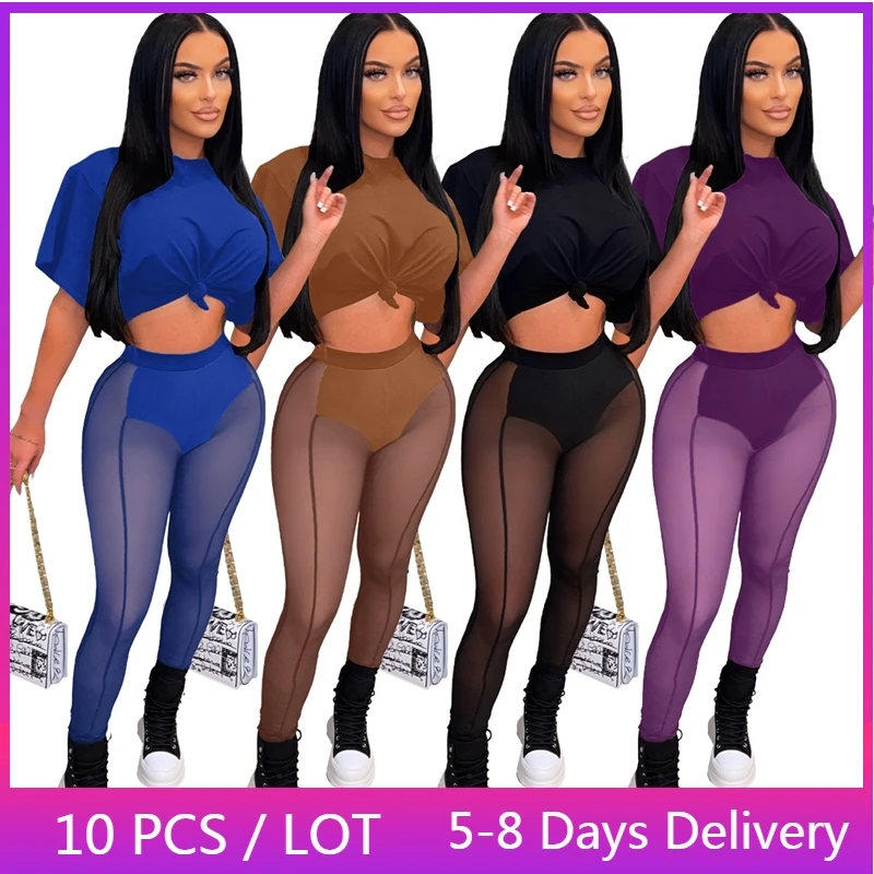 

Wholesale Items Sexy Two Piece Sets Womens Outifits T Shirt Crop Top and Mesh Pants Set Summer Bodycon Club Outfits for Women