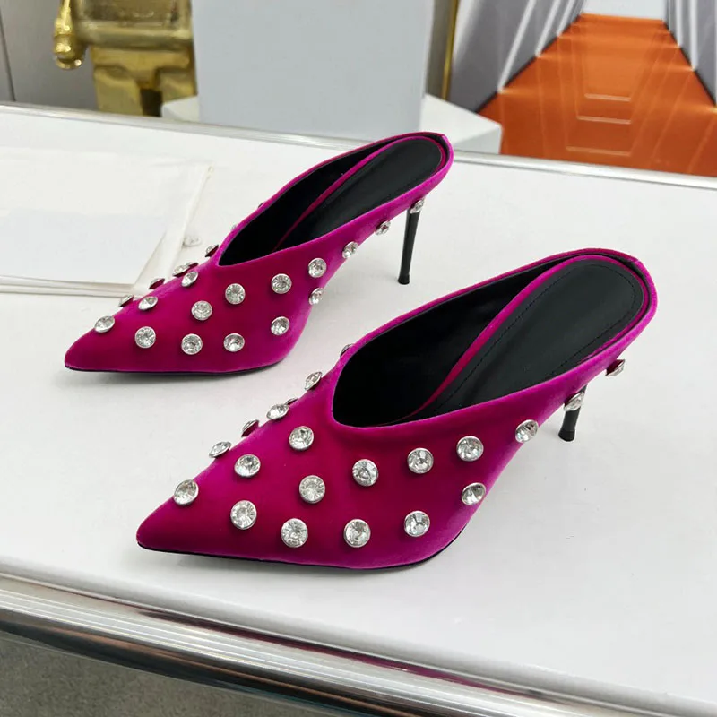 

Шлепанцы женские на высоком каблуке, современные замшевые туфли с заостренным носком, со стразами, дизайнерские брендовые сандалии, лето